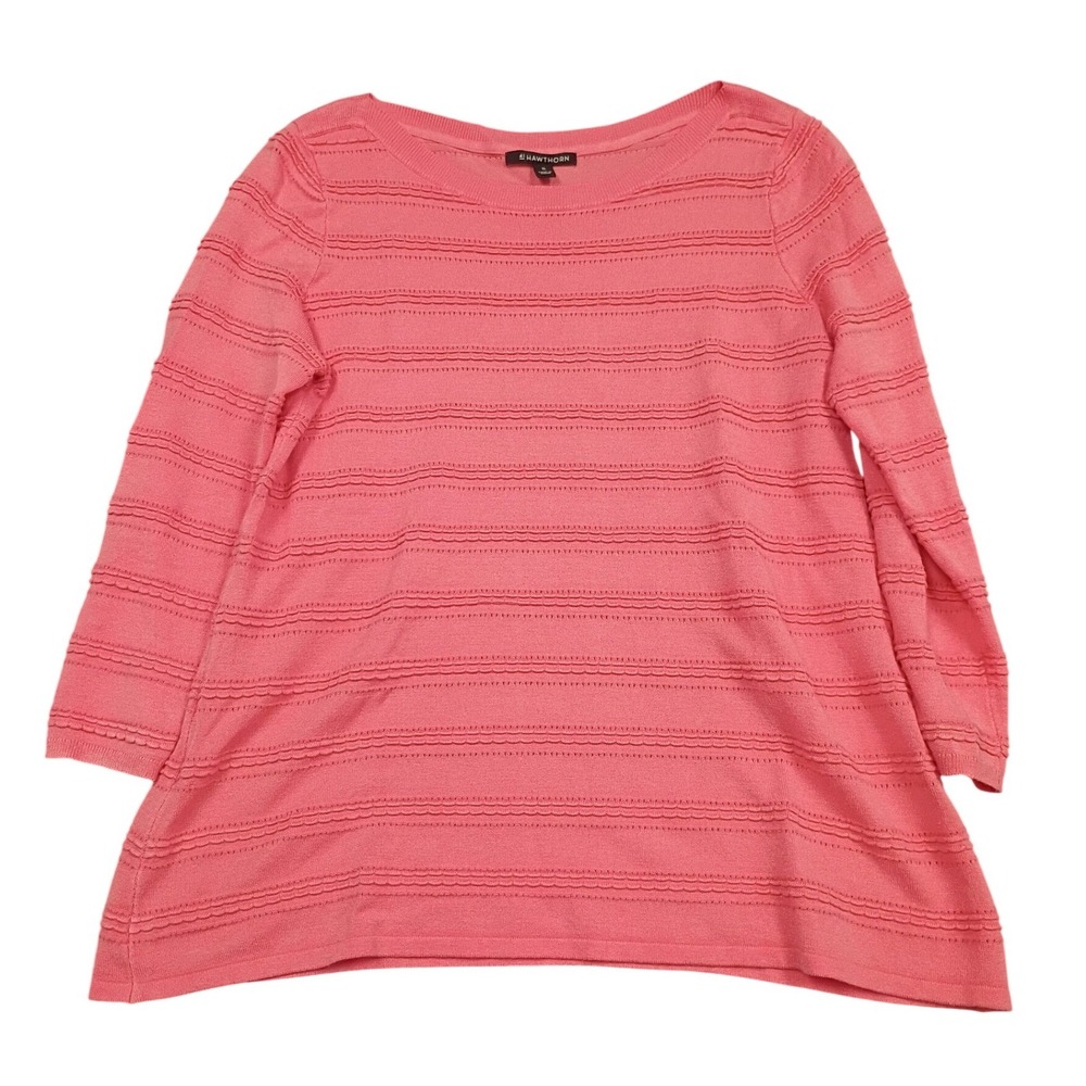 41 Hawthorn Pointelle Knit Sweater Womens XL Pink Boatneck 3/4 Sleeve Stripe